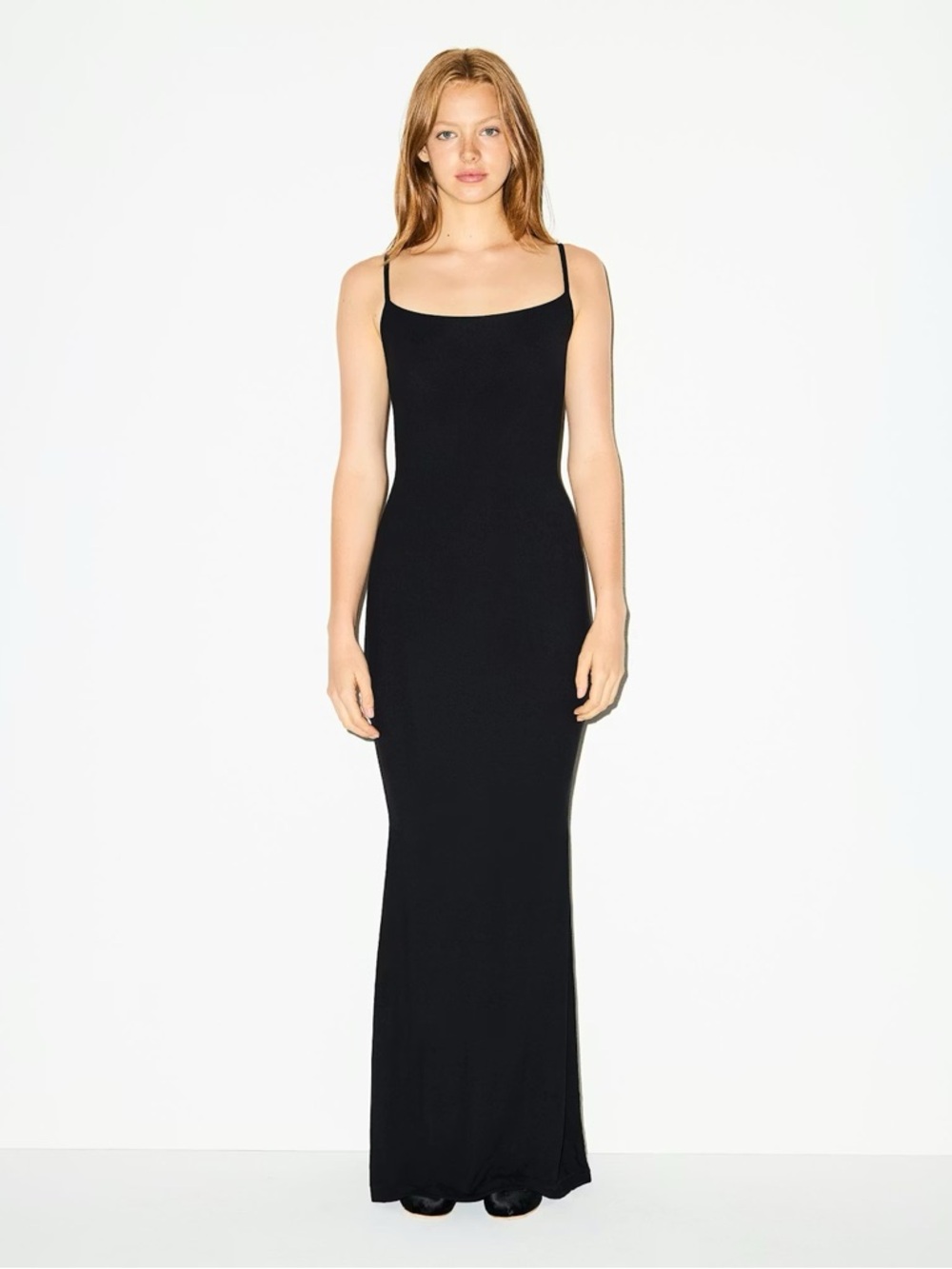 Skims long slip dress in black